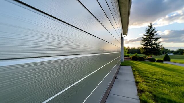 Exterior wall of a modern house with siding and a window reflecting the sky.