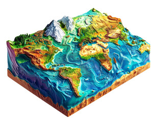 Colorful 3D map illustrating landforms, mountains, and ocean depths