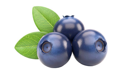 Three Ripe Blueberries with Green Leaves