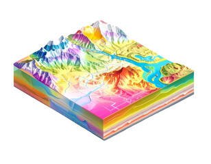 Colorful isometric illustration depicting layered geological landscape