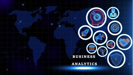 Business Analytics Global Strategy on Map Background data analysis marketing - Powered by Adobe