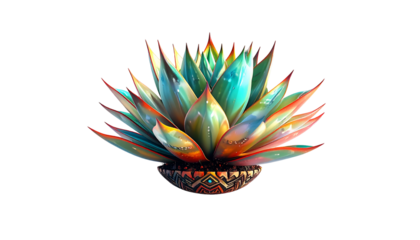 Vivid agave plant, iridescent hues, pot base, isolated on black