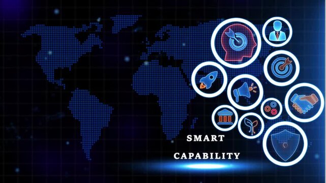 Smart capability concept with on map background business technology innovation strategy global
