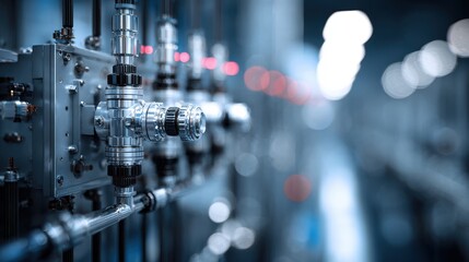 Fototapeta premium Close-up of industrial metal pipes and valves in a factory, with bokeh lights in the background