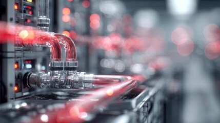Abstract close-up of a futuristic server rack with glowing red liquid flowing through transparent pipes, depicting data transfer or energy flow in a technology concept.