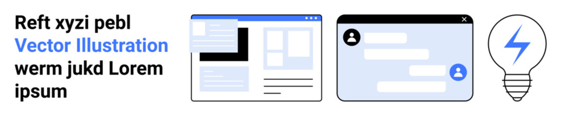Digital communication, creativity, online interaction, innovation, website design, brainstorming. Mock-up of a website, chat window and lightbulb symbol. Digital communication and creativity concept © robu_s