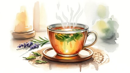 Fototapeta premium Watercolor illustration of a warm cup of herbal tea with gentle steam