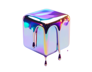 A glossy, holographic cube with liquid-like drips cascading down its sides