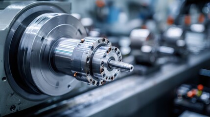 Close-up of a metal spindle on a machine in a factory setting
