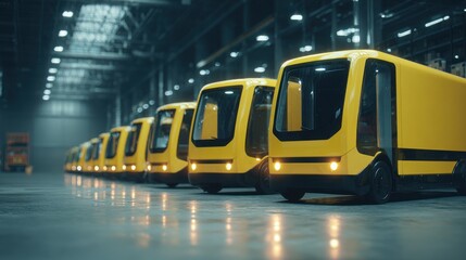 Fleet of yellow autonomous delivery robots parked in a modern warehouse distribution center