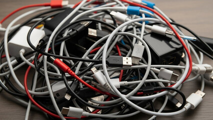 Tangled mess of colorful charging cables and adapters on wooden surface