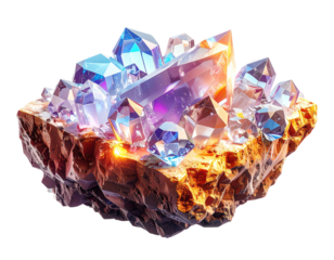 Shimmering crystals grow from a glowing, textured rock base