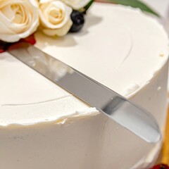 Elegant Wedding Cake Cutting Ceremony with Floral Decorations.