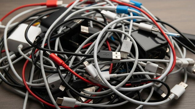 Tangled mess of colorful charging cables and adapters on wooden surface