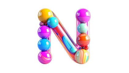 Colorful, abstract letter "N" formed from spheres and fluid lines
