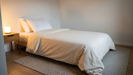 Modern bedroom with single bed and soft lighting in neutral tones  