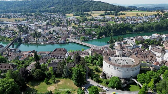 Aerial summer view of Schaffhausen with the Munot old town and the Rhine river
