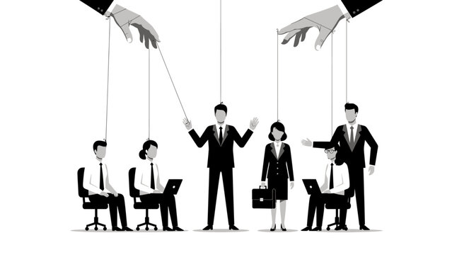 Business people as puppets controlled by manipulative hands illustrating corporate control and manipulation. Lunar New Year Vector Illustration. EPS Editable