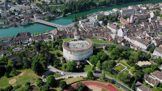 Aerial summer view of Schaffhausen with the Munot old town and the Rhine river