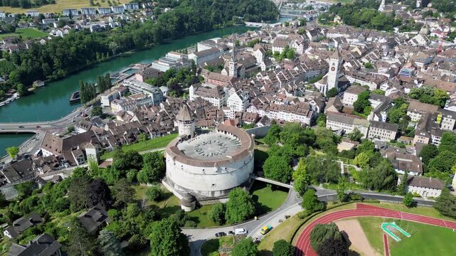 Aerial summer view of Schaffhausen with the Munot old town and the Rhine river