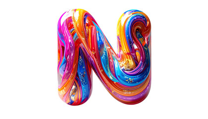 Vivid, swirled letter "N" in a spectrum of vibrant colors, on black