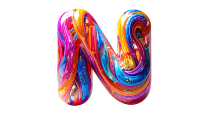 Vivid, swirled letter "N" in a spectrum of vibrant colors, on black