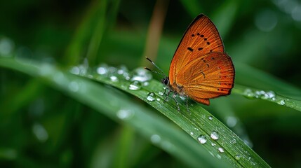 Fototapeta premium Butterfly rests on green leaf with water droplets in a natural setting during daytime