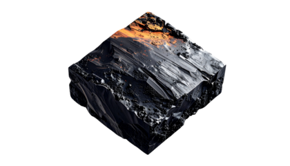Cube of dark, textured material with fiery orange light at its center