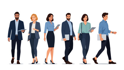 Obraz premium Diverse group of business professionals walking and standing with tablets and laptops. Lunar New Year Vector Illustration. EPS Editable