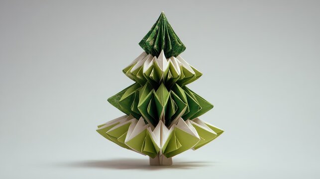 Origami tree made with green and white paper at a crafting table in a well-lit area during daylight hours - Powered by Adobe