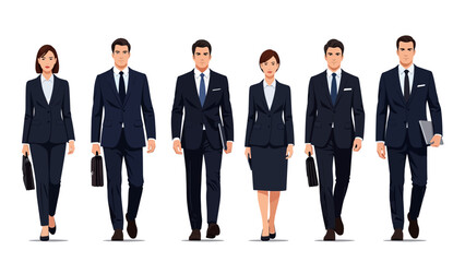 Fototapeta premium Group of diverse business professionals walking forward dressed in formal suits isolated on a white background representing corporate success and teamwork