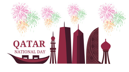 Minimalist Qatar National Day Skyline Illustration with Maroon Flag Silhouette Soft Sunset Yellow Gradient Sky for Celebration Poster and Cultural Event Background