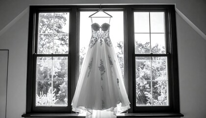 Elegant Wedding Dress Hanging in Window - A Timeless Bridal Image.