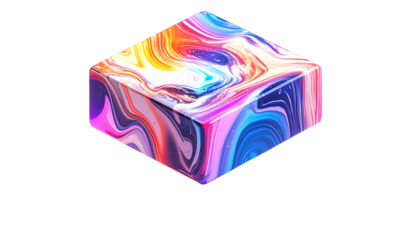 Isometric cube with a swirling, colorful, and iridescent paint-like texture