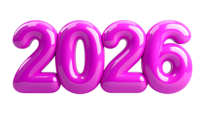 Glossy, pink, inflated numbers display the year 2026
