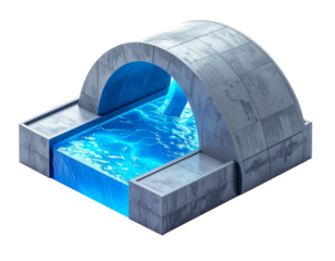 Isometric view of a futuristic, architectural water feature with blue glow