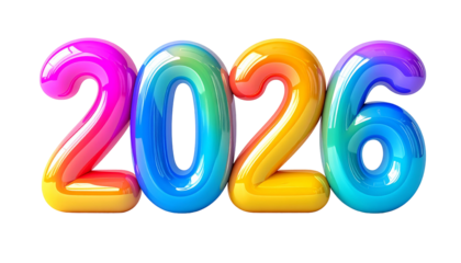 Bold, 3D rendered, colorful, glossy numbers forming the year 2026