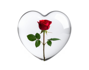 A realistic red rose bud growing inside a heart-shaped glass sphere, white background