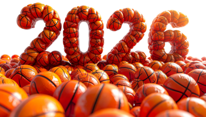 2026 constructed from basketballs, resting in a sea of them