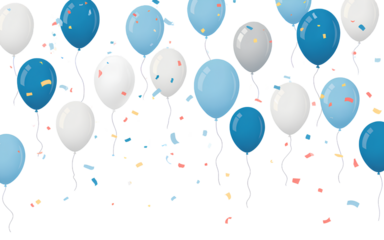 Floating blue and white balloons with scattered confetti elements festive birthday party background isolated on transparent layer