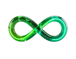 Glowing green infinity symbol against a stark black background