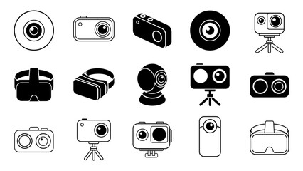 Modern camera, webcam, action cam, and VR headset vector icon set in clean black silhouette and outline styles for technology and media projects.