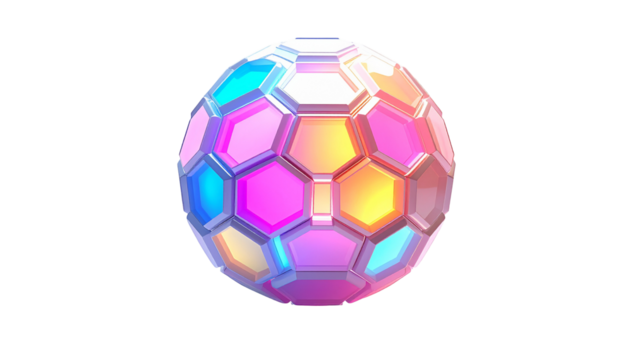 A geometric orb rendered with glossy, prismatic colors against black - Powered by Adobe