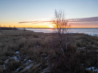 Winter aerial view scenery in Kempeleenlahti Bay, Oulu Finland