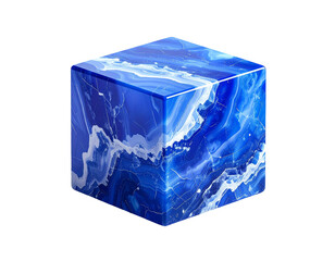 A translucent blue cube with white veining against a stark black background