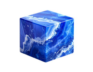 A translucent blue cube with white veining against a stark black background