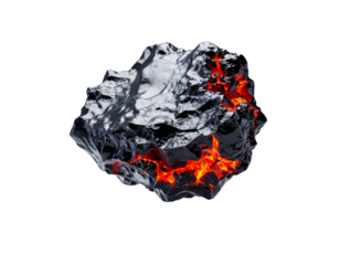 Volcanic rock fragment, reflective surface, with exposed fiery core