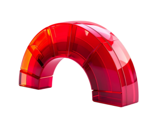 3D rendered arch of shiny red glass with a transparent, geometrical design