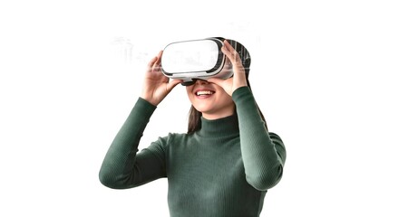 A smiling person in a moment of virtual cultural immersion with an expression of wonder and discovery