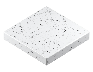 Isometric view of a speckled white stone slab, glossy finish